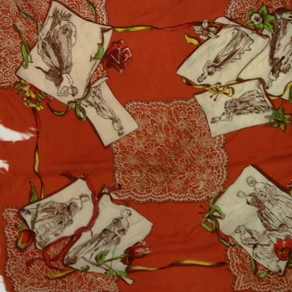 𝅺VTG 20s Antique ORANGE Ladies print scarf -- as is with flaws & torn - Picture 10 of 12